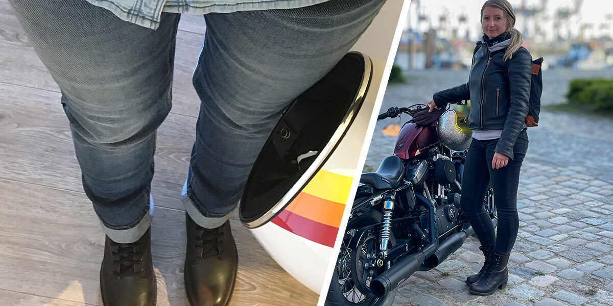 eine Motorrad hose neben einem Bilde eier Motorrradfahrerin