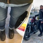 eine Motorrad hose neben einem Bilde eier Motorrradfahrerin