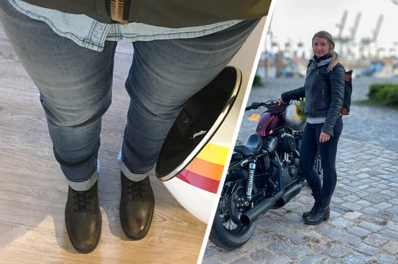 eine Motorrad hose neben einem Bilde eier Motorrradfahrerin